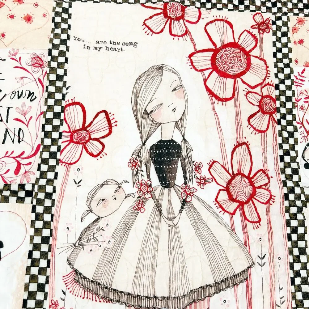 Love is Spoken Here Mother‎ Daughter Floral Girl Quote Checkered Fabric Wall Art
